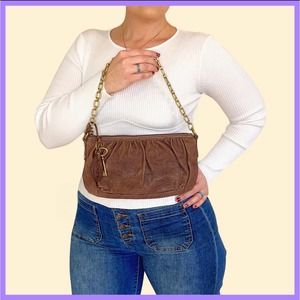 Fossil Brown Leather Handbag with Gold-toned Chain Strap